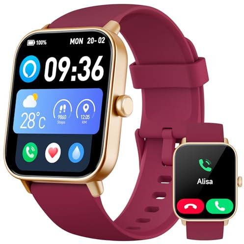 Smartwatch Damen mit Telefonfunktion, Alexa eingebaute 1.8'' Fitnessuhr Damen mit Herzfrequenz, SpO2, Schlaf, Stress Monitor, 100+ Sportmodi, IP68 Wasserdicht Uhr für Android iOS (Rot)