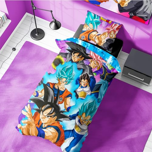 Halantex Official Dragon Ball Super Single Reversible Duvet Set – 135 x 200 cm with Pillowcase – Bold Design Featuring Goku and Vegeta for Dragon Ball Fans, Machine Washable