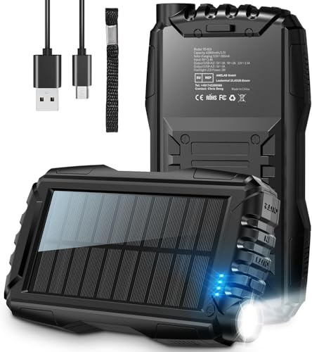 Solar Power Bank, 46800mAh Portable Charger, 3A USB C Fast Charging Battery Pack, PD18W QC 3.0 Phone Charger with Flashlight, Outdoor Waterproof Power Bank 3 Charging Port-Black90