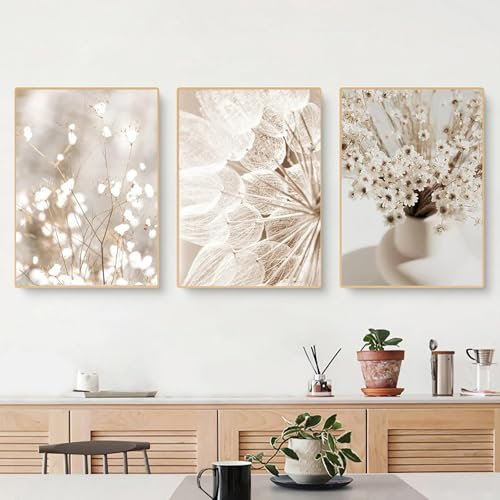 Champracer 3er Boho Poster Set, Beige Landschaftsdekoration Malerei Mit Getrocknete Blume für Wohnzimmer Schlafzimmer Wanddekoration - Premium Leinwand Ohne Rahmen (30x40 cm)