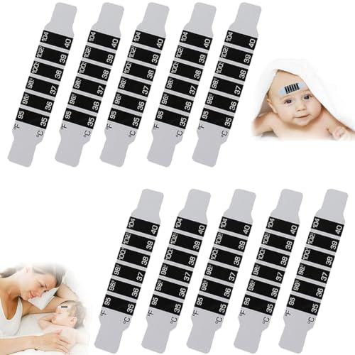 CJQRL 10 Pièces Bandes de Thermomètre Frontal Fiable, Autocollant Portable Réutilisable pour Vérifier la Température de Bébé, Adulte, Thermomètres de Voyage pour sac à Main