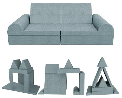 POKAR Spielsofa Kindersofa | Schaumstoff Bausteine | Spielsofa für Kinder mit Schlaffunktion Kuschelecke im Kinderzimmer | 6er Set mit Halbrundkissen | Blau