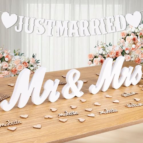 Holz Mr und Mrs Hochzeitsdeko, mit 60PCS Streudeko Hochzeit Tischdeko, Weiß Just Married Girlande Hochzeit Deko für Brautpaar Geschenke, Brautdusche