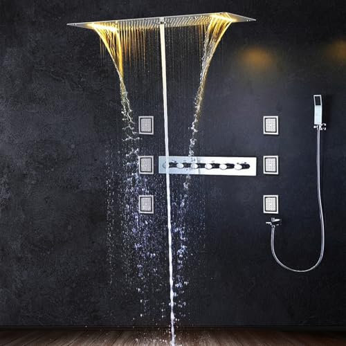 Colonne de douche thermostatique,colonel de douche multifonctionnelle,Ensemble de douche chromé avec douche à effet pluie 38x70 cm, douchette à main et 6 pommeaux de douche latéraux,LED