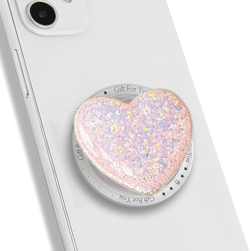 TTPSRY Handy Halterung Magnetisch Griffhalter Glitzer Harz Herz Abnehmbarer Mit Magnetring Airbag Handyhalter Ausziehbar Deko Mobiltelefon für Frauen(Rosa)