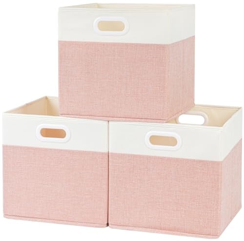 SOCOHOME 33x38x33cm Fabirc Boxes, Foldable Cube Storage Boxes for Clothes Shelf Nursery Closet Toys(Pink/White, Set of 3)