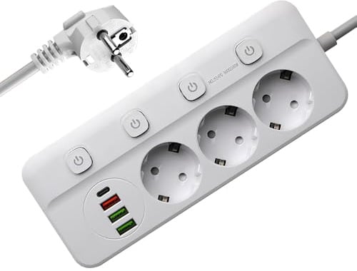 KBIBCK Regleta USB con Interruptor Individual, Regleta Conmutable Individualmente con 3 Tomas y 4 Puertos USB, Regletas Enchufes Proteccion Sobretension, Cable de 2m para Familia, Oficina (Blanco)