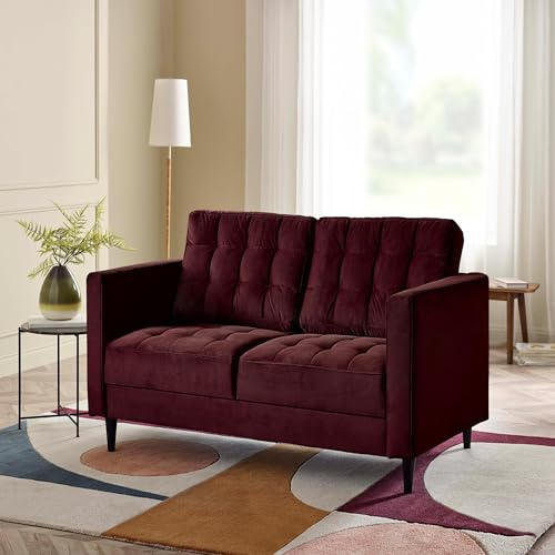 Furniturebox UK Joni 2 Seater Maroon Velvet Sofa, Upholstered Modern Retro Plum Purple Red Fabric Sofa with Black Wooden Tapered Legs, Square Stitching, Stylish & Contemporary Living Room Furniture