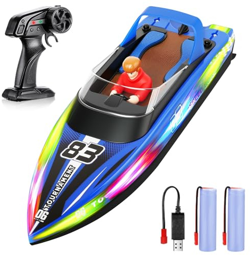 HOTUT Ferngesteuertes Boot, RC Boot mit LED-Licht,15+ km/h Speedboat, 2,4-GHz Rennboote, Speedboat mit Marionette, Einstellbar Speedboot 1200MAH Akku für Kinder und Erwachsene (Blau)