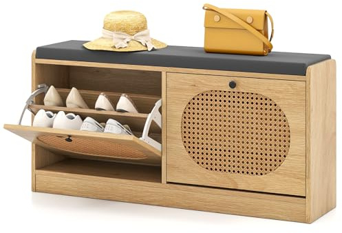 COSTWAY Schuhbank mit 2 Klappen & verstellbaren Regalen, Rattan Schuhschrank inkl. gepolsterter Sitzfläche, Schuhregal Sitzbank für Flur Eingang, Wohnzimmer 101,5 x 24 x 48 cm