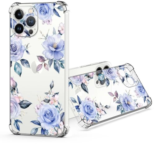 JRIANY per iPhone 13 Pro Max Trasparente Cover, Morbido TPU Silicone Protettiva Custodia con Fiore Fiori Motivo Antiurto Antigraffio Protezione Originale Case Custodie - Rosa Blu