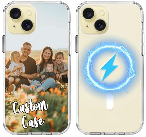 Individuelle Handyhülle für iPhone 15 mit Fotoname, kompatibel mit MagSafe, personalisierter Bildtext, klassische Hybrid-Magnetabdeckung für Apple 6,1 Zoll, Militärstandard, Fallschutz