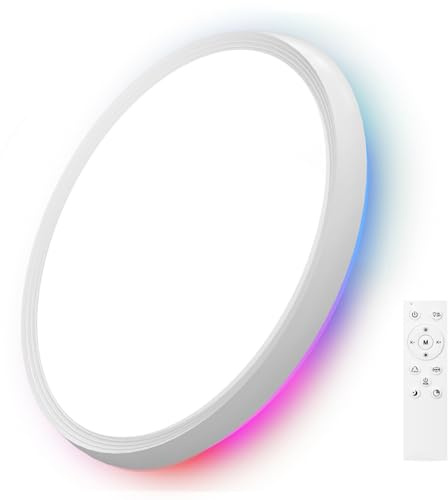 LED Deckenleuchte Flach Deckenlampe Flach Dimmbar mit Fernbedienung 3000K-6500K, 1800K Nachtlicht Amber Ceiling Lights Lampe für Schlafzimmer,Kinderzimmer,Wohnzimmer,Badezimmer (Rund - RGB)