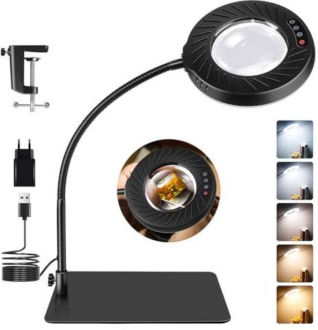 Morotty Lupenleuchte mit Licht und Ständer, 2in1 Led Tischleuchte mit Licht | 5 Farbmodi,9 Helligkeitsstufen,12X Dimmbare Lupe mit Licht für Bastelarbeiten,Reparaturen,Diamantmalerei,Nahaufnahmen