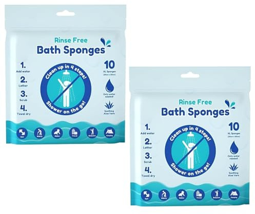 Pack of 20 Rinse Free Bath Sponges with Aloe Vera - No Rinse Shower Sponges for Bed Bath, Travel, Camping & On-The-Go Hygiene, Just Add Water, 20 x 20cm