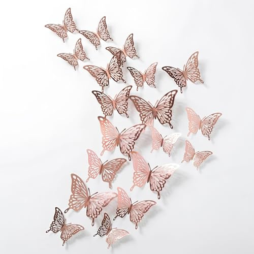 GWEOR Set di 36 Farfalle Decorative 3D Effetto Laser, Decorazioni Murali Fai-da-Te Rimovibili per Camera da Letto, Matrimonio e Feste, Adesivi a Farfalla in 3 Dimensioni (Oro Rosa)