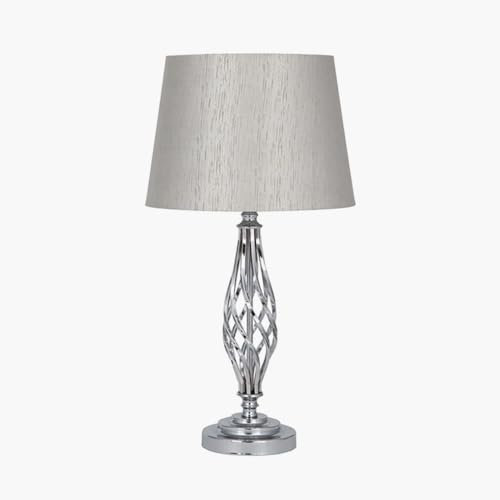 Pacific Lifestyle Modern Swirl Table Lamp | Silver Twist Metal Chrome Lamp for Living Room | Elegant Complete Lamp with Tapered Champagne Poly Silk Shade (Silver)