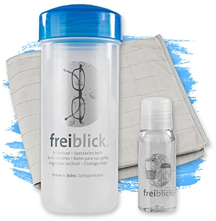 Freiblick Brillenbad (Blau) im Set mit 50ml Spezialreiniger und Mikrofasertuch | Brillenputztuch in Optiker Qualität | Brillenreinigung für jede Brille