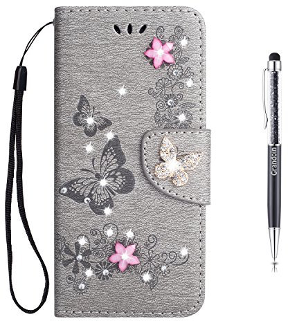 Grandoin Galaxy S9 Hülle, Bling Glitzer Glitter Handyhülle im Brieftasche-Stil für Samsung Galaxy S9 Handytasche PU Leder Ledercase Flip Tasche Wallet Tasche Handytasche Cover Etui Case (Grau)