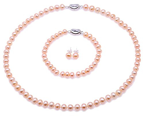 JYX suesswasser perlenkette Perlen - 7-8mm AA flache Runde Süßwasser Perlenkette, Armband und Ohrstecker Set - (Rosa)
