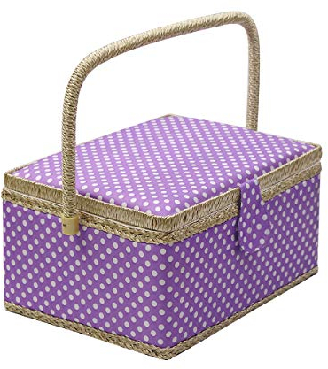 D&D Nähkästchen Lila Polka Dot Nähkästchen Groß mit Fächern inklusive wesentlichem Zubehör, integriertem Nadelkissen, Tasche und herausnehmbarem Tablett (31 * 22,5 * 15 cm)