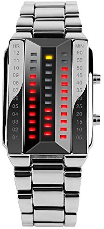 FeiWen Mode Lässig Edelstahl Binär Digitales Uhren Silber Einzigartig Platz Wählen Gelb und Rot LED Licht Kalender Armbanduhren, Herren