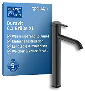 Duravit C.1 Waschtischarmatur, Größe XL (Auslauf Höhe 233 mm). Wasserhahn Bad mit Zugstangen-Ablaufgarnitur, Schwarz Matt