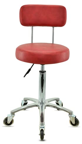 VAKON SALON - Premium Rollhocker mit Lehne in Rot - Höhenverstellbar von 55 bis 75 cm - Rundsitz - Drehhocker Arbeitshocker Praxishocker