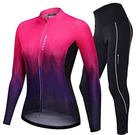NUCKILY Radtrikot Damen Set Langarm Fahrradtrikot Fahrradbekleidung MTB Radsportanzug Rad Jacke und Radhose mit 3D Sitzpolster Strumpfhosen Frühling Herbst Berg Kleidung Anzüge