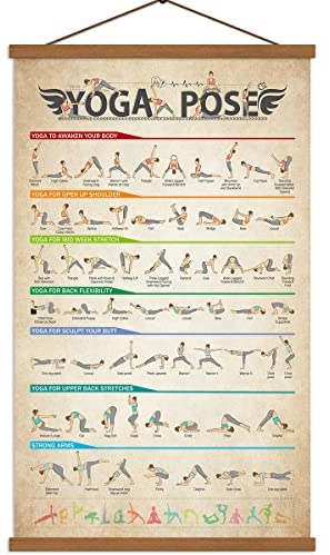 SAGUEYU Poster mit Yoga-Posen, Vintage-Stil, für Zuhause, Fitnessstudio, Ganzkörpertraining, Anfänger, Yoga-Positionsdiagramm, Leinwanddrucke, Yoga-Liebhaber, Geschenk, 40,6 x 68,6 cm, mit Rahmen