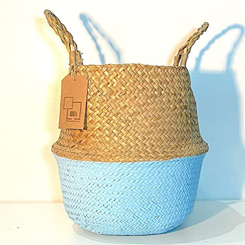 Cesta Mimbre Almacenaje Natural Seagras Plegable Con Asas - Cestos Mimbre Decoracion Plantas Maceta y Colada Tejida A Mano