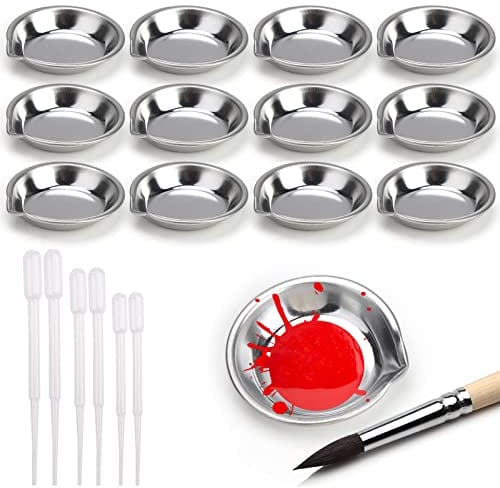 12 Paint Makeup Metal Mixing Palette Round Stainless Steel Paint Tray 1.97 in Diameter with 6 Durable Metal Mixing Palette Dropper Small Round Tray for Watercolors, Oil and Water-Based Paints