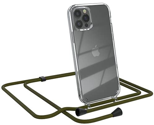 EAZY CASE Handykette kompatibel mit iPhone 12/12 Pro Handyhülle mit Umhängeband, Handykordel mit Schutzhülle, Silikonhülle, Hülle mit Band, Stylische Kette für Smartphones, Grün - Clips Schwarz