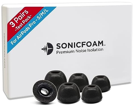 SONICFOAM Memory-Schaum-Ohrhörer-Aufsätze – Prämie Geräuschisolierung, Ersatz-Ohrhöreraufsätze aus Schaumstoff, 3 Paar für Airpods Pro (SFAIR, S/M/L, Schwarz, Testerpaket)