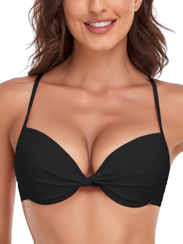 Colloyes Women's Push Up Bikini Top Twist Front Underwire Molded Soft Pads Vintage Bikini Swimsuits Tops Black Size Medium