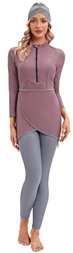 IBTOM CASTLE Muslimische Badeanzug Damen, Burkini Damen Muslim, Ganzkörper Badeanzug Damen, Hijab Badeanzug Damen, Bescheidene Modest Muslim Swimwear Langarm Top+Hosen+Hijab 3 Stücke Set Lila &rosa S