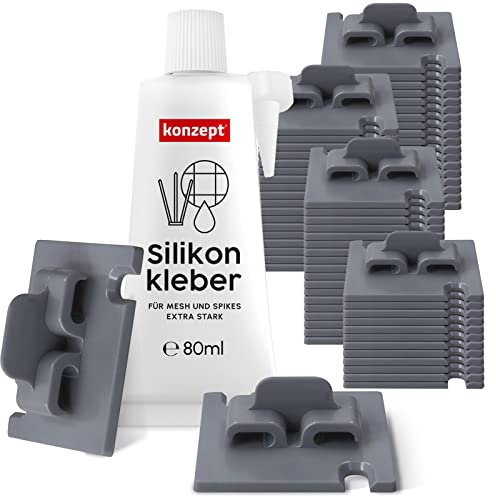 70 Stück Klebehaken mit Montagekleber 60ml, extra stark, für Katzennetz Balkon – ohne Bohren, grau, wetterfest, einfache und schnelle Montage