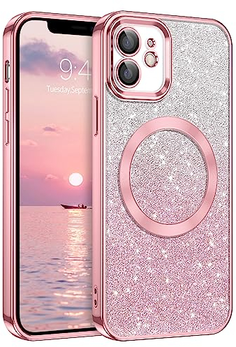 DUEDUE für iPhone 12 Hülle Glitzer 6.1'', iPhone 12 Handyhülle Glitzer mit Magnetische Stoßfeste Schutzhülle Soft TPU für iPhone 12 Hülle Mag-Safe Magnetische 6.1 Rosa