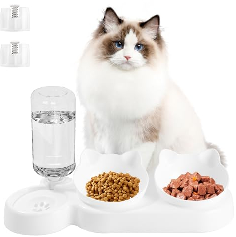 Birshe Gamelle Chaton,3-en-1 Bol de Nourriture,Gamelle Chat Surélevée,Bol pour Chat Anti-Vomissements Bols,Gamelle en céramique pour Chats,Inclinable à 15° avec Distributeur Eau,pour Chats et Chiots