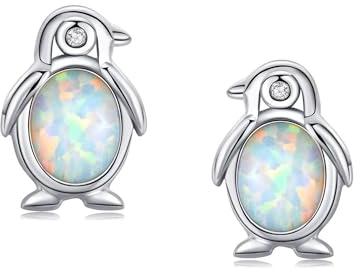 TANGPOET Pinguin Ohrringe Geschenke für Damen Mädchen 925 Sterling Silber Weiße Opal Ohrstecker Niedlicher Pinguin Strand Schmuck für Liebhaber von Meerestieren