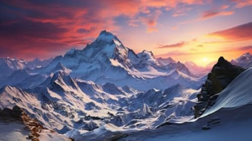 adrium Holz-Bild 140 x 80 cm: die Erhabenheit schneebedeckter Berggipfel, beleuchtet von den sanften Farbtönen eines strahlenden Sonnenaufgangs. Diese (212126007)