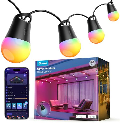 Govee Smart Outdoor String Lights 2, 30M RGBIC Outdoor Lights Dimmable Warm White LED Bulbs IP65 Waterproof Works with Alexa 47 Scene Modes for Garden