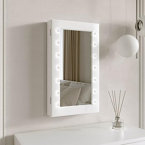 FABS Katie Jewellery Storage Cabinet with Mirror & LED Lights - Wall Mounted & Tabletop Armoire for Bedroom, Vanity -Cosmetics Beauty Organiser with Ring, Necklace & Earring Holder - White