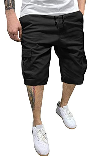 2024 – Herren-Shorts, einfarbig, Übergröße, lässig, modisch, gewebte Cargohose mit Taschen, Jungen-Glitzer, Schwarz , XXL