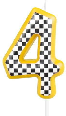 Rennwagen Geburtstagskerzen, gelbe Autos Nummer 4 Kerzen für Kuchen, Mädchen Jungen 4th Geburtstag Dekorationen, schwarze und weiße Streifen Rennwagen Thema für Mädchen Jungen Geburtstagsparty Dekor