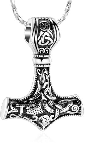 Mjolnir - Collar con colgante de martillo de Thor con forma de urna de martillo de Thor, con urna de cenizas conmemorativas, para hombres y mujeres