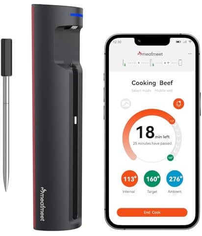 Meatmeet Pro Fleischthermometer mit WLAN und Bluetooth, App-Überwachung mit Timer und Alarm, IP67 wasserdicht und ölbeständig, kabelloses Fleischthermometer für BBQ, Backofen, Grill, Küche, Drehspieß