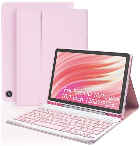 XCHYTECHER Keyboard Case for Amazon Fire HD 10/10 Plus 10.1 inch, Detachable Keyboard with Type-C Charging Port Cover (Pink+Pink)