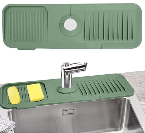 SANHIGHEND Silicone Kitchen Sink Splash Guard,45x14cm Silicone Faucet Sink Splash Guard,Silicone mats for worktops,Draining mats for Kitchen Sink,Faucet mat, for 3.5-6cm Faucets (Green)