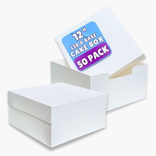 PACK N TRADE White Cake Box 12 inch, Pack of 50 Square Cardboard Cake Boxes with lids (12 x 12 x 6 Inches), Ideal for Safely Carrying and Transporting Cakes